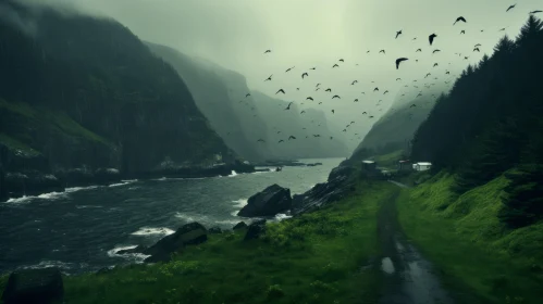 Abstract Birds over Moody Cliff - A Captivating Norwegian Landscape