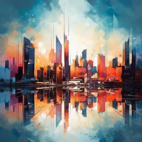 Abstract City Skyline Painting with Reflective Water