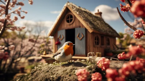 Bird on a Blossom-Covered House: A Cabincore Miniature Scene