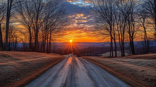 Sunset Road Through Leafless Tree Landscape