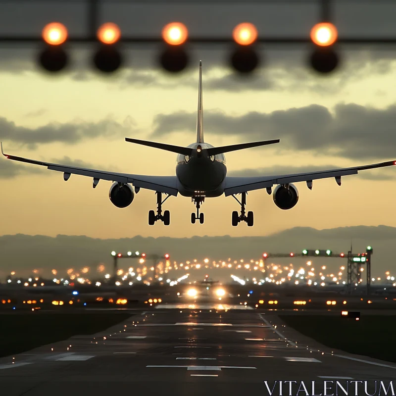 Commercial Plane Landing at Sunset AI Image