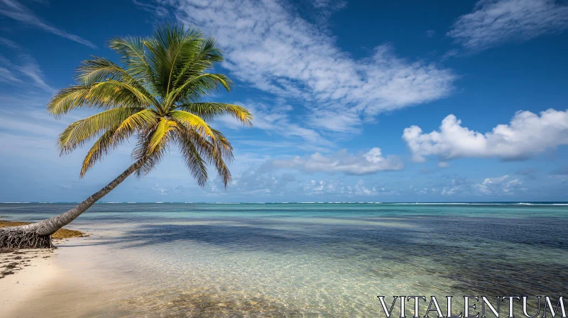 Tropical Beach Paradise with Palm Tree and Clear Ocean AI Image