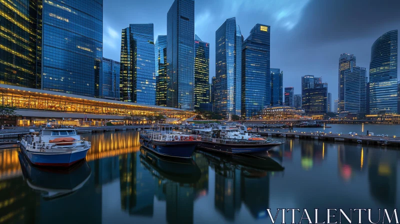 Urban Marina at Night with Reflected Skyscrapers AI Image