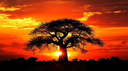 Golden Sunset Behind Baobab Tree