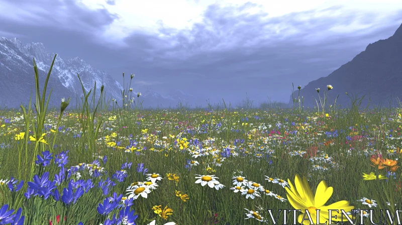 Vivid Flower Field Against Mountainous Backdrop AI Image