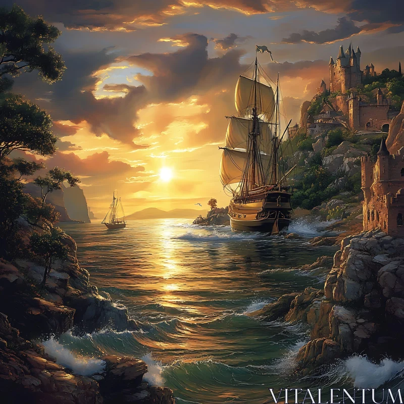 Sunset Voyage by the Coastal Castle AI Image