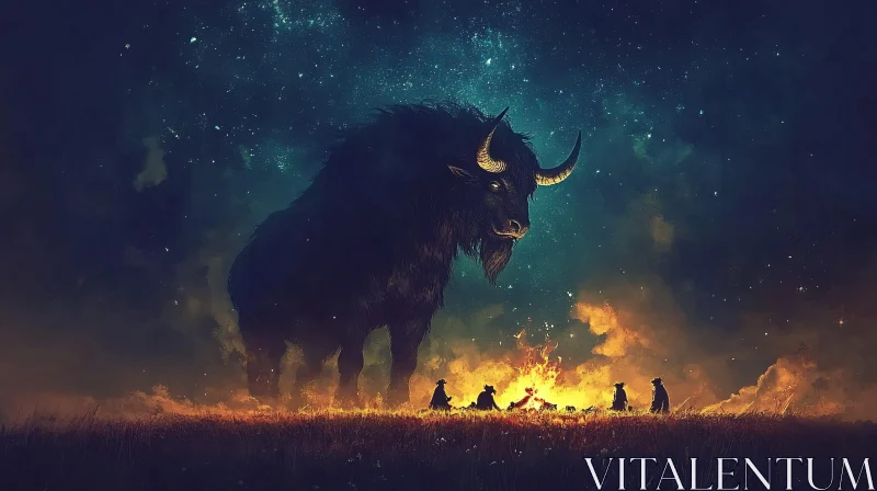 Mystical Giant Beast Overlooking Campfire AI Image