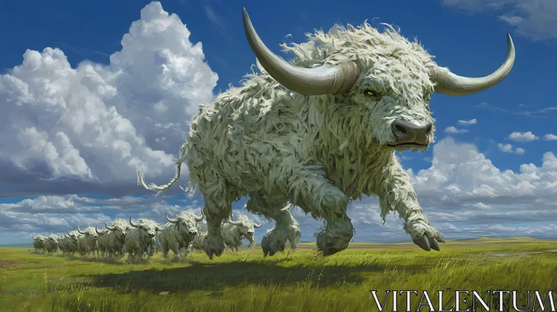 Surreal Woolly Bulls in a Majestic Scene AI Image