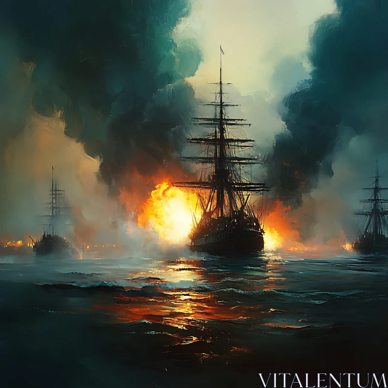 Epic Sea Battle with Flames and Smoke AI Image