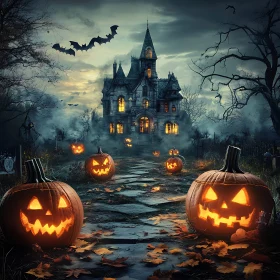 Haunted Halloween Scene with Pumpkins and Bats