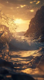 Sunset Over Rocky Coastline with Sparkling Waves