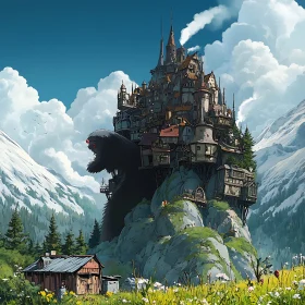 Fantasy Castle and Majestic Bear Amidst Nature