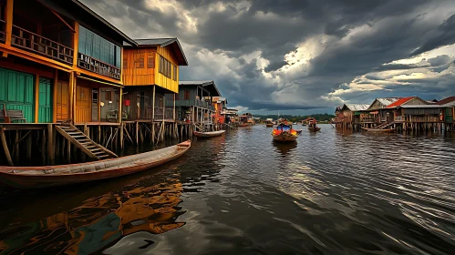 Scenic Floating Village in Dramatic Weather