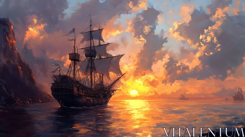 Sailing Ship Sunset Scene AI Image