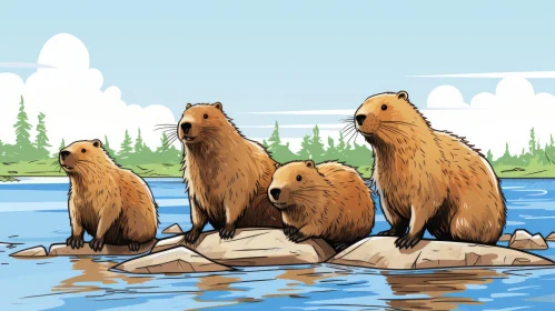 Beaver Family Illustrated in Pop Art Style