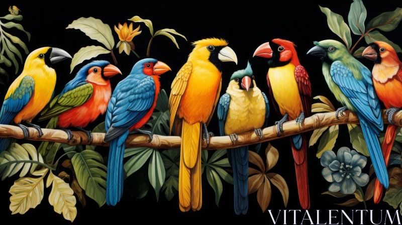 Colorful Parrots on Branch Illustration Art AI Image