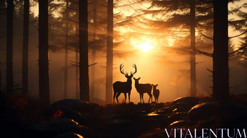 Deer Family in Sunlit Forest - A Tranquil Morning Scene AI Image