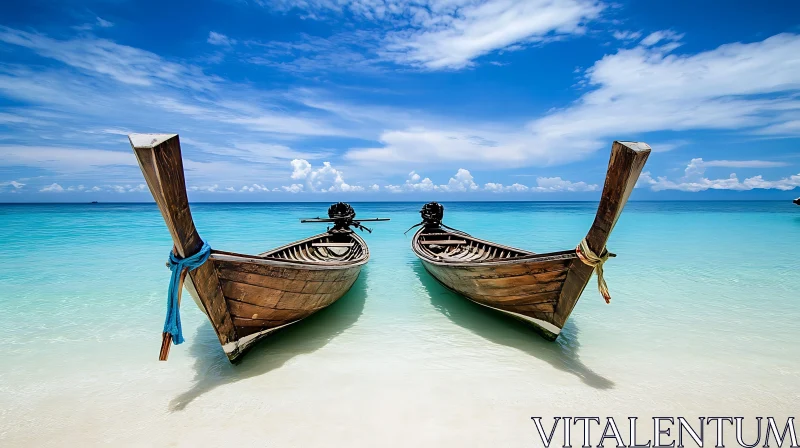 Serene Beach with Wooden Boats AI Image