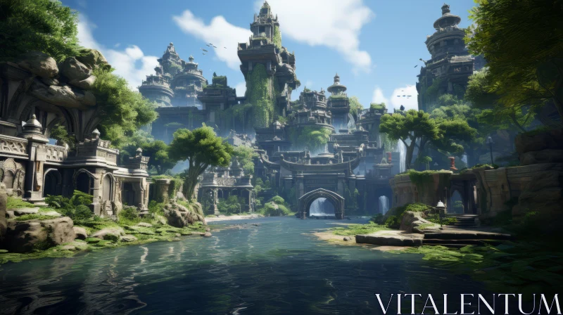 Fantasy Castle Amidst Lush Tropical Landscape AI Image