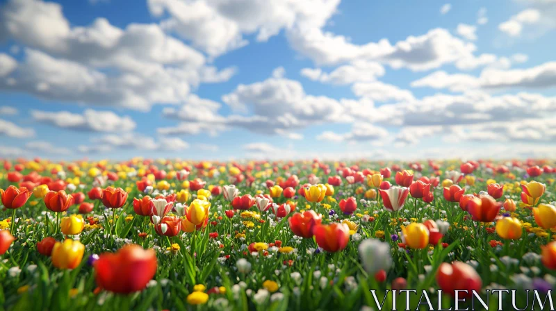 Vast Blooming Tulip Field in Spring Weather AI Image