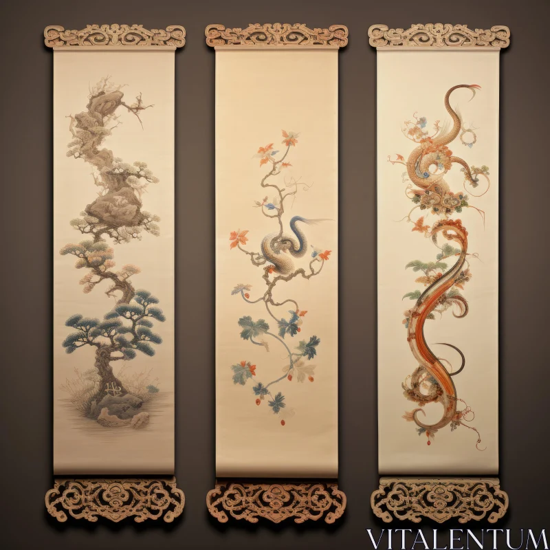 Traditional Oriental Scrolls with Dragons and Hieroglyphs AI Image