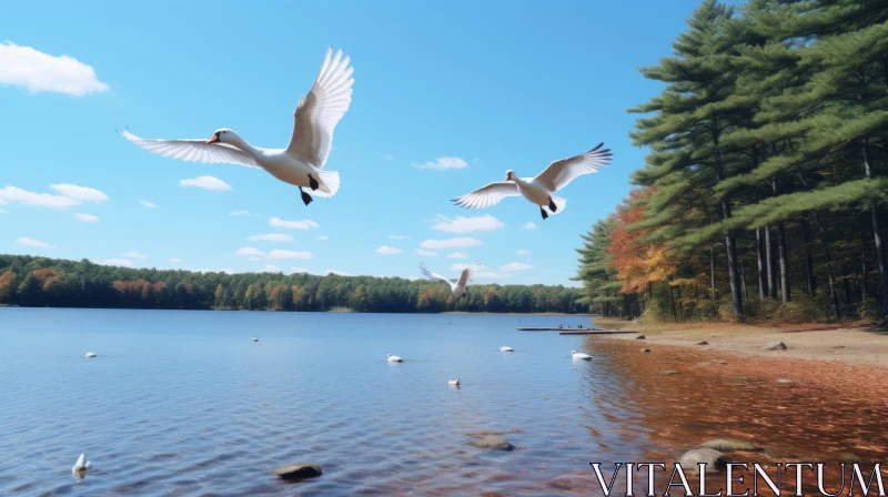 Tranquil Lake Scene with Graceful Birds in Flight AI Image