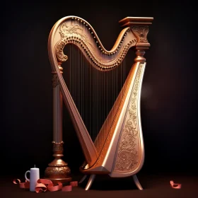 3D Rendered Harp Illustration in Light Pink and Bronze