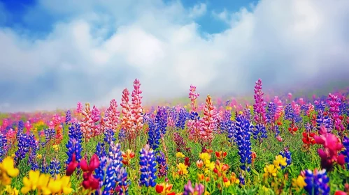 Vibrant Flower Field Under Partially Cloudy Sky