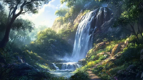 Ethereal Forest Waterfall Scene