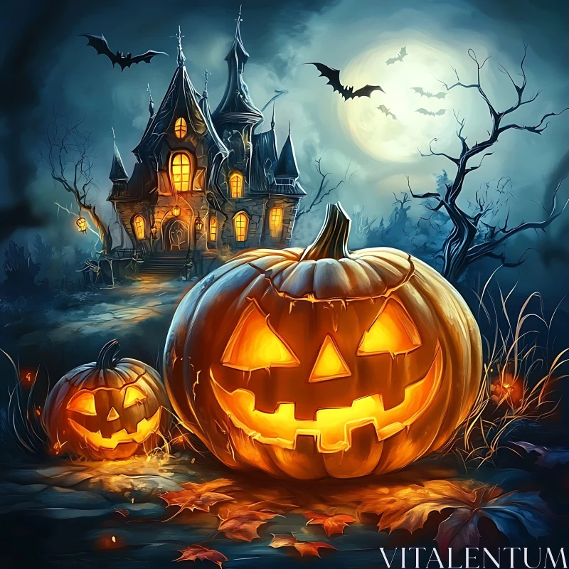 AI ART Haunted House with Glowing Pumpkin and Bats