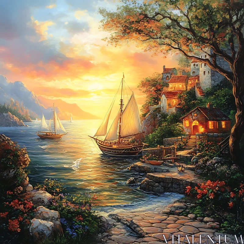 Serene Coastal Scene with Sailboats at Sunset AI Image