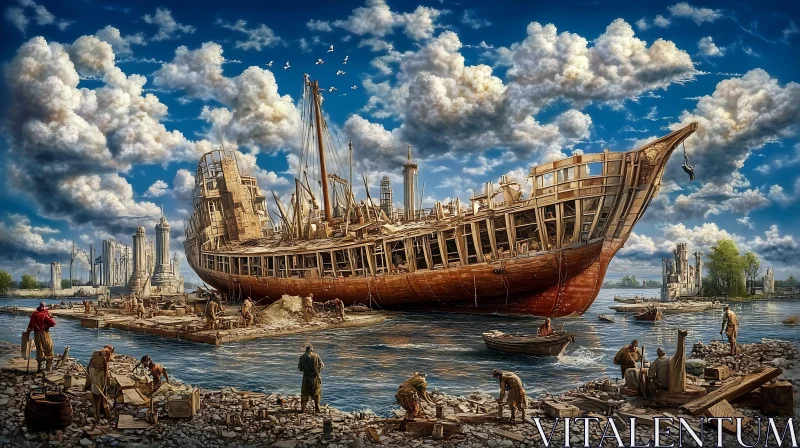 Wooden Ship Building Amidst Busy Dockside Activities AI Image