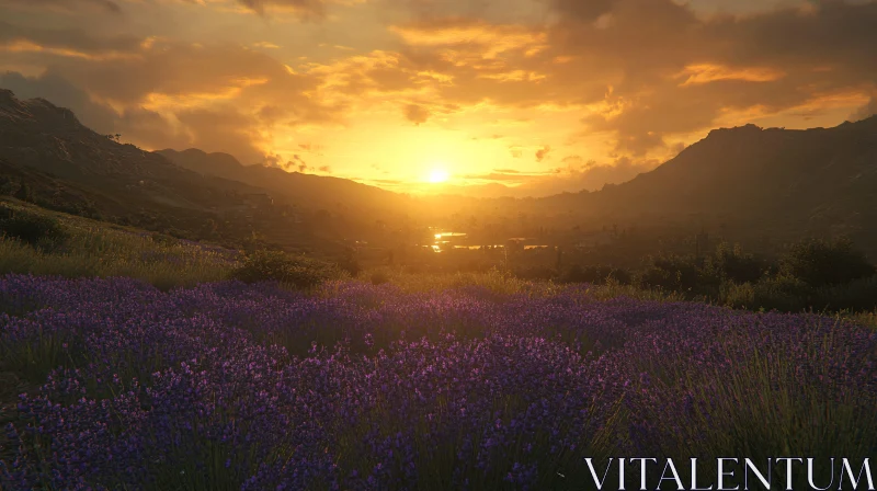 AI ART Sunset Over Lavender Fields and Mountains