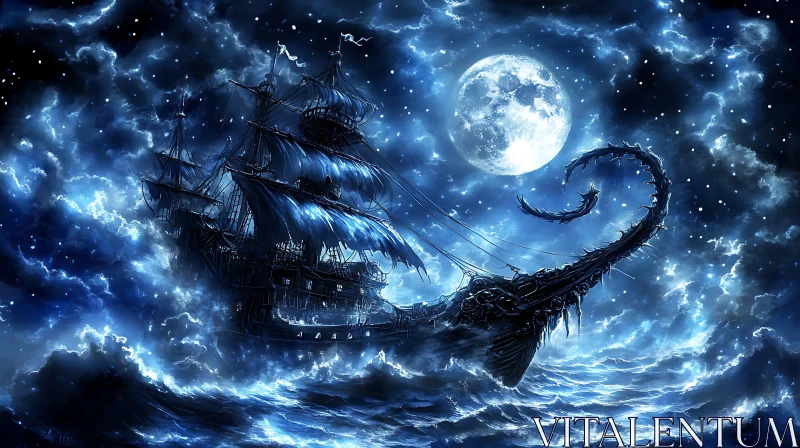 AI ART Mystical Night Voyage with Moonlit Ship