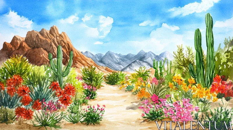 AI ART Colorful Desert Scene with Mountains and Blooming Flowers