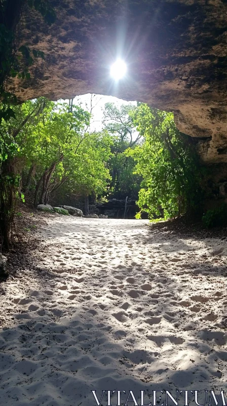 AI ART Nature's Entrance: Sunlit Cave with Sandy Path