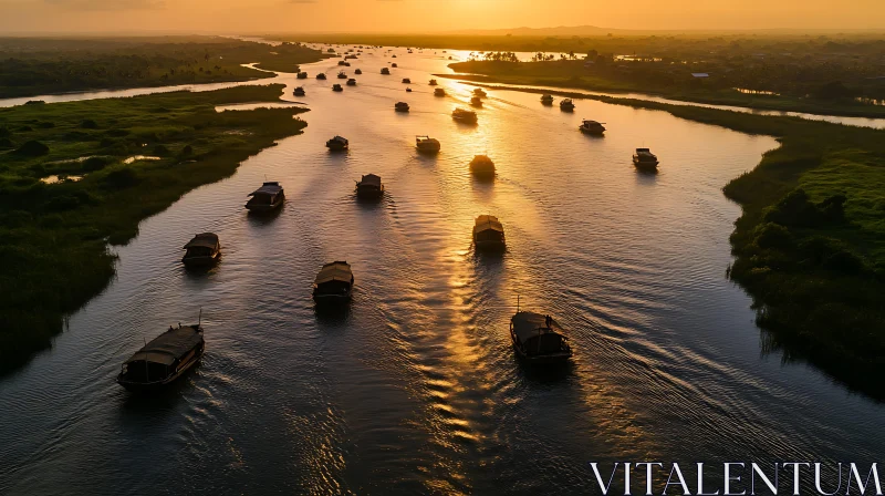 Golden Hour River Scene with Boats and Nature AI Image