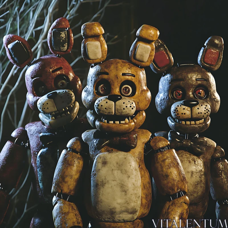 Eerie Animatronic Creatures in Nighttime Woods AI Image