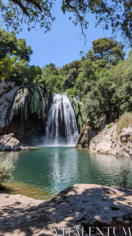 Peaceful Waterfall Scene in a Forested Area AI Image