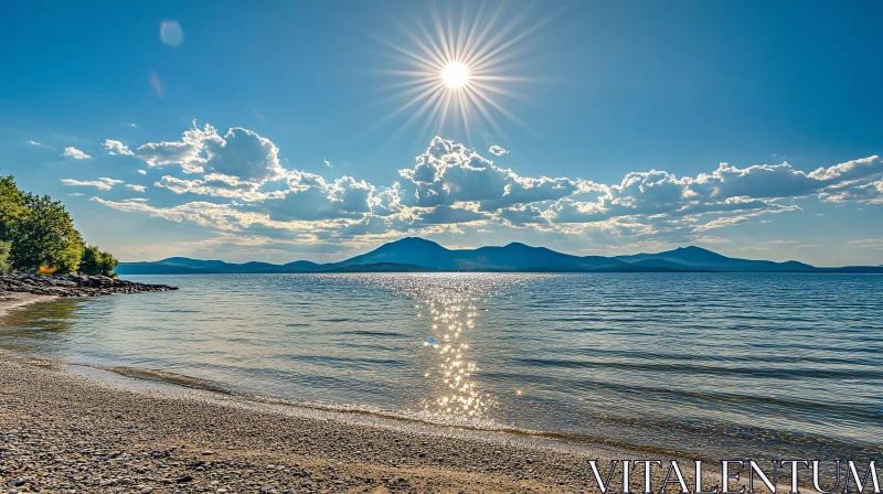 AI ART Tranquil Lake Shore with Mountain Backdrop