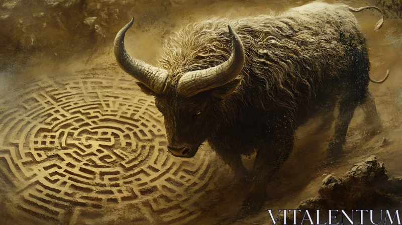 Bull and Intricate Labyrinth in Sand AI Image