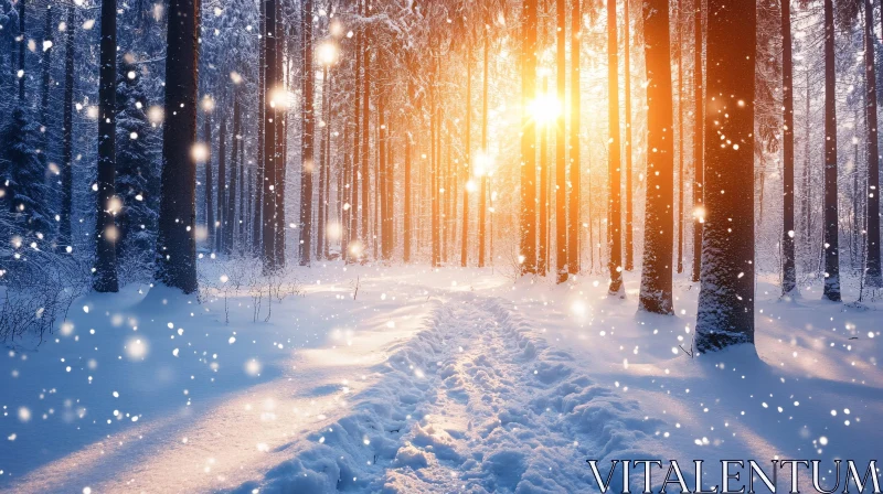 Peaceful Snowy Forest with Golden Sunlight AI Image