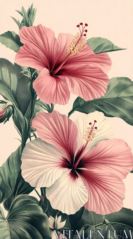 Intricate Hibiscus Flowers Botanical Art AI Image