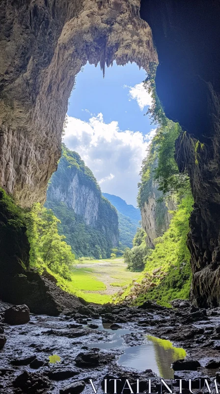 AI ART Scenic Cave View with Lush Greenery and Blue Sky