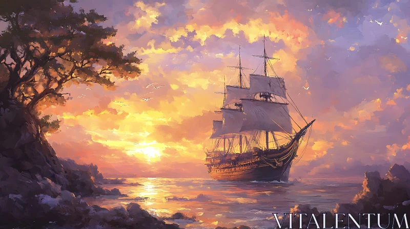 Serene Sunset with Sailing Ship AI Image