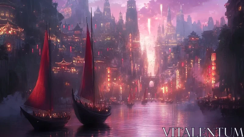 Magical City at Night with Red-Sailed Boats AI Image