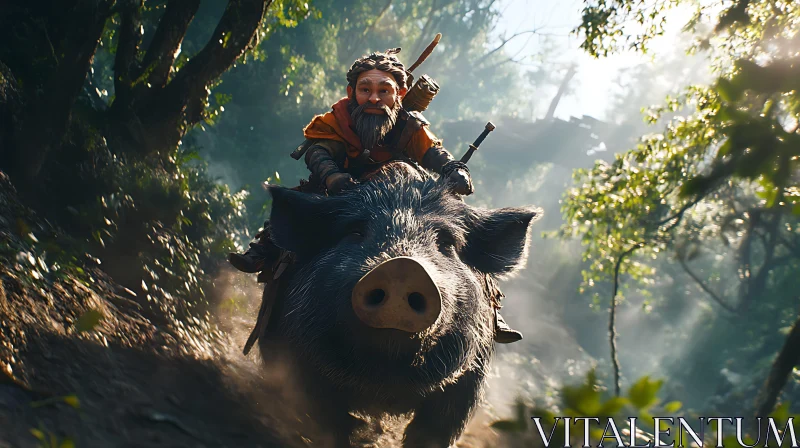 Mythical Forest Adventure with Dwarf and Boar AI Image