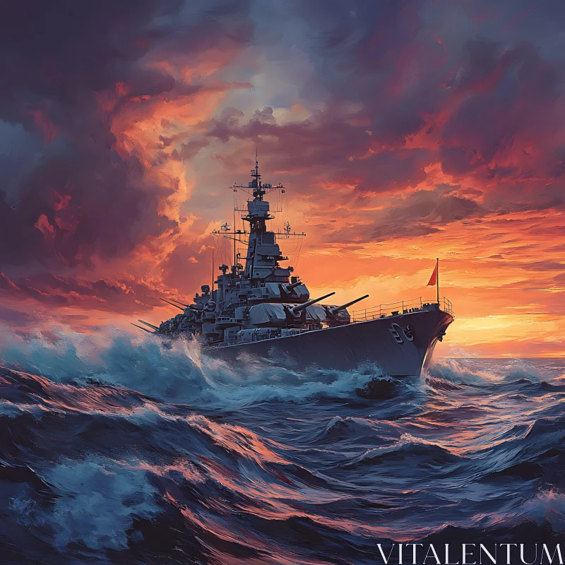 Warship in Rough Ocean at Sunset AI Image