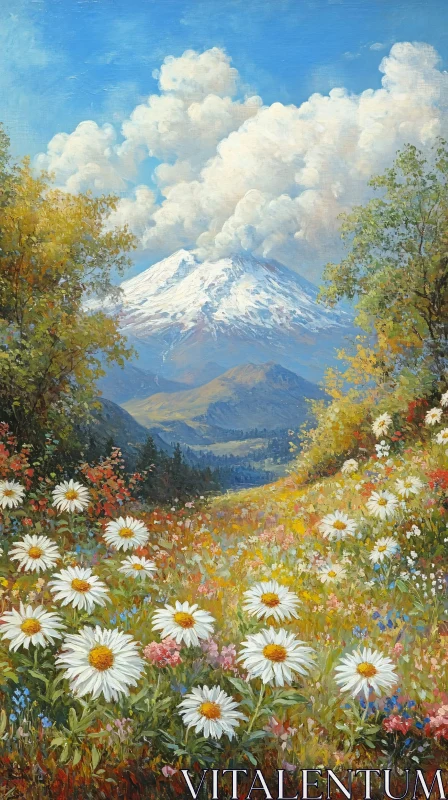 Snow-Capped Mountain and Flower-Painted Meadow AI Image