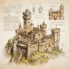 Detailed Castle Blueprint Illustration in Watercolors